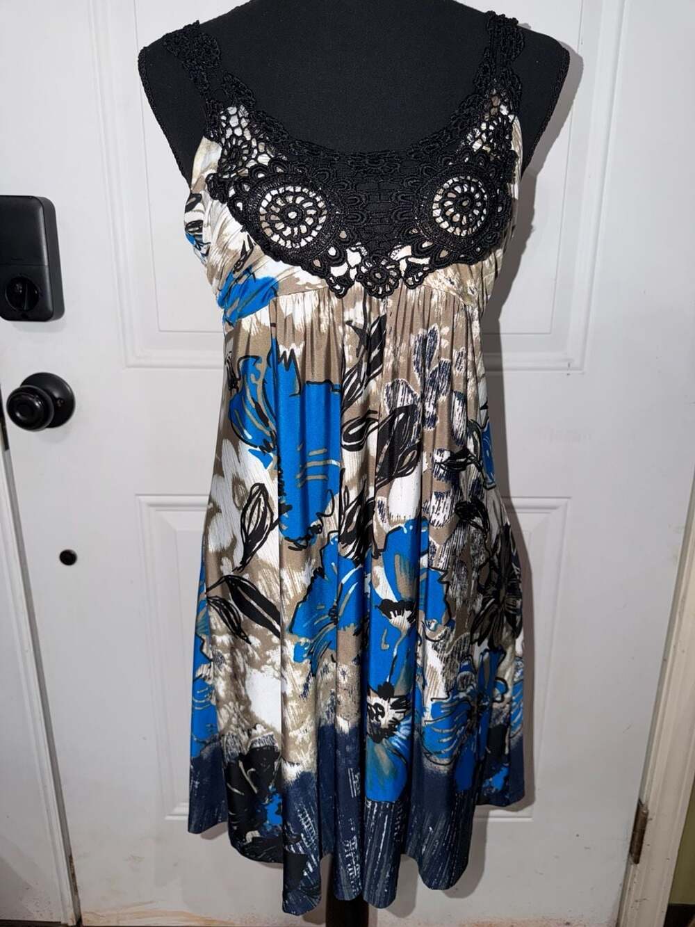 Janette John 3:16 Floral Print Sleeveless Dress with Black Crochet Trim
